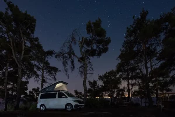Demonte-Camper zwischen Kiefern in einer klaren Sternennacht, in der Ferne Küstenlichter