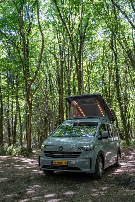Der grüne New Cappadocia im Wald mit aufgestelltem Dach, die Front des neuen Transporter deutlich sichtbar