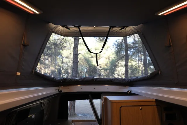 Blick vom Dachbett des Olympos in den Kiefernwald, Fliegengitterfenster geöffnet und LED-Streifen an beiden Seiten