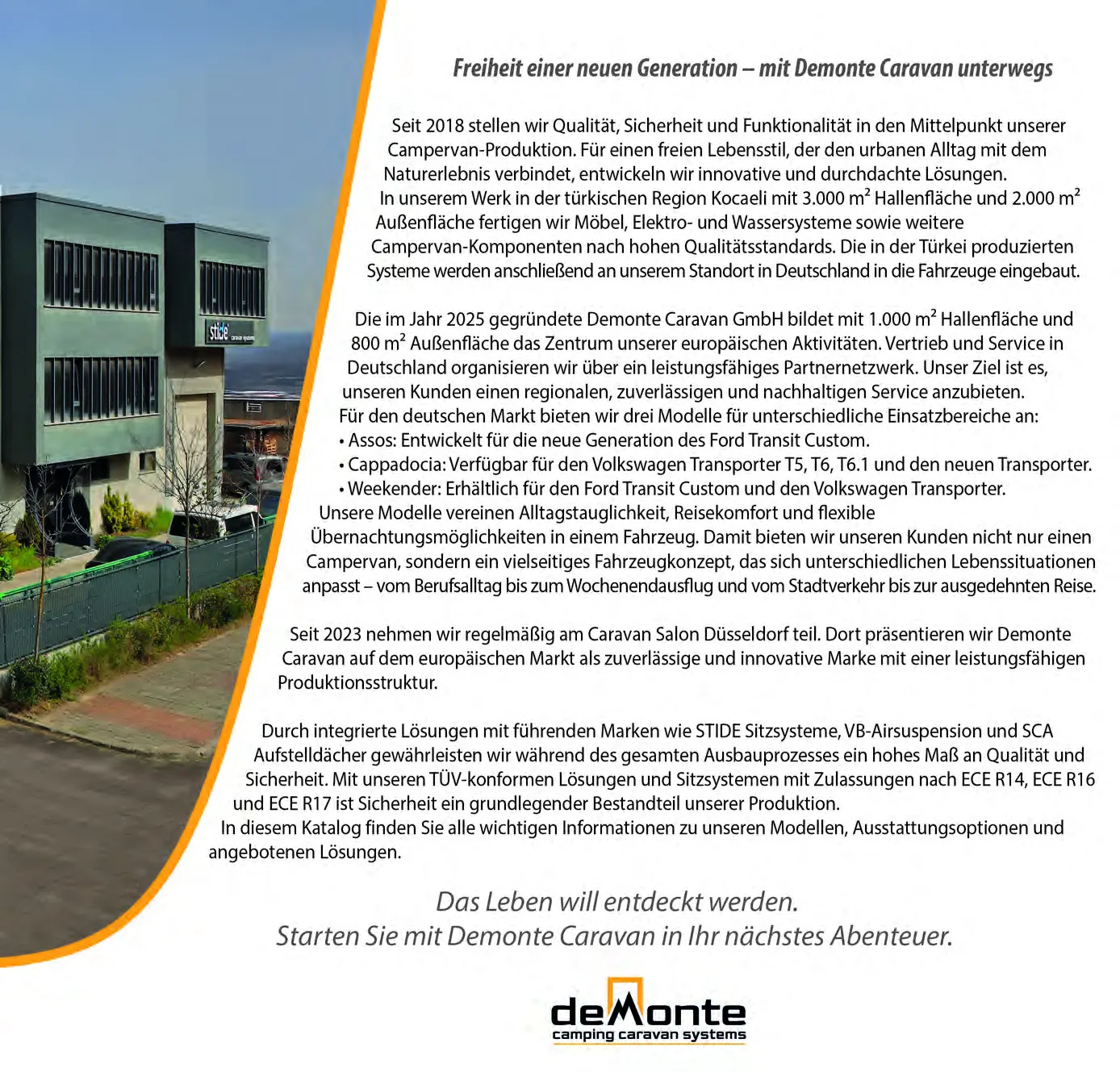 Demonte Caravan Katalog 2026, Seite 3: die Unternehmensvorstellung „Freiheit der neuen Generation“ über das Werk in Kocaeli, die Demonte Caravan GmbH in Deutschland und die Modellfamilie