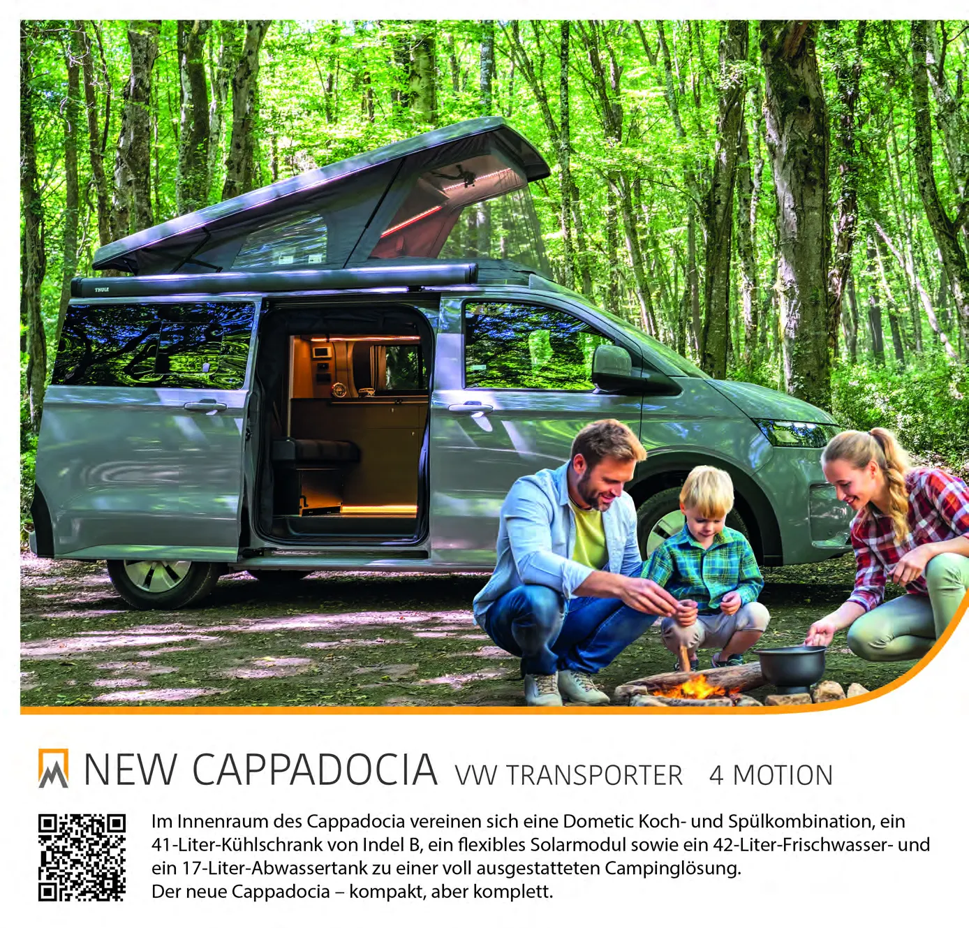 Demonte Caravan Katalog 2026, Seite 4: das Modell NEW CAPPADOCIA auf VW Transporter 4Motion, daneben eine Familie am Lagerfeuer