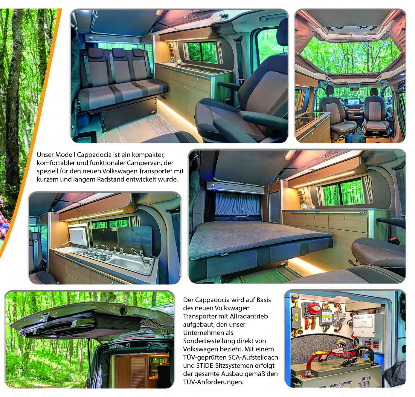 Demonte Caravan Katalog 2026, Seite 5: der Innenraum des NEW CAPPADOCIA: Kabine, Dachbett, Küchenmodul und der SCA-Aufstelldachmechanismus