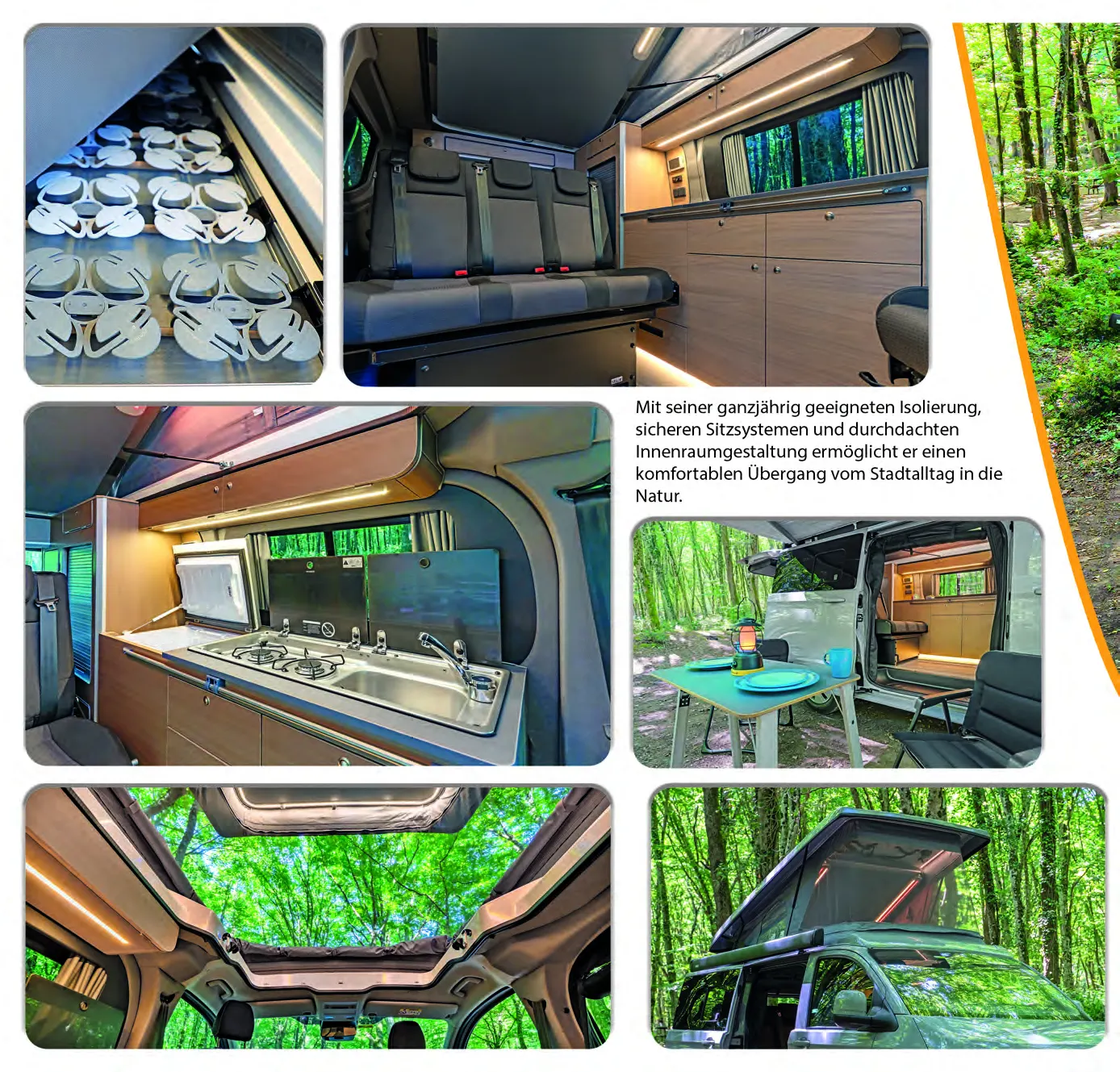 Demonte Caravan Katalog 2026, Seite 6: Details des NEW CAPPADOCIA: Schubladenküche, Kocher-Spülen-Einheit, Panoramadach und Stauraumlösungen