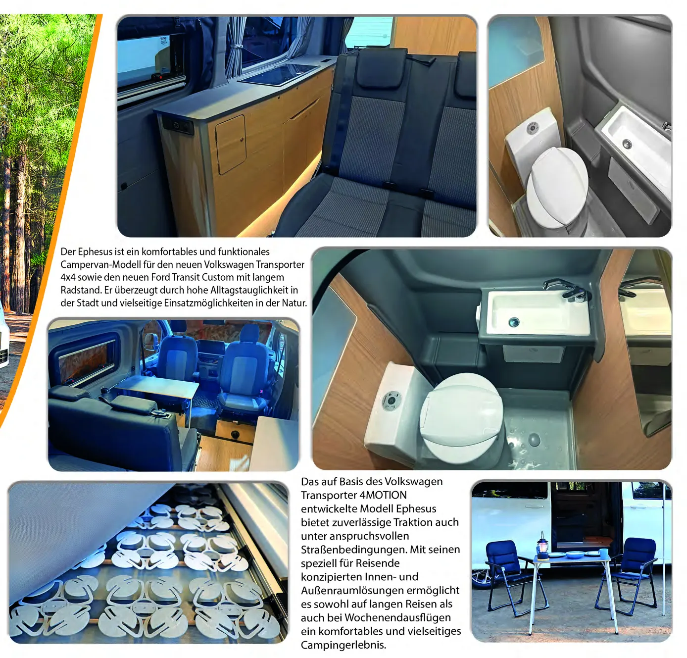 Demonte Caravan Katalog 2026, Seite 11: der Innenraum des EPHESUS: ABS-Duschkabine mit Kassettentoilette, Drehsitze und Bettanordnung