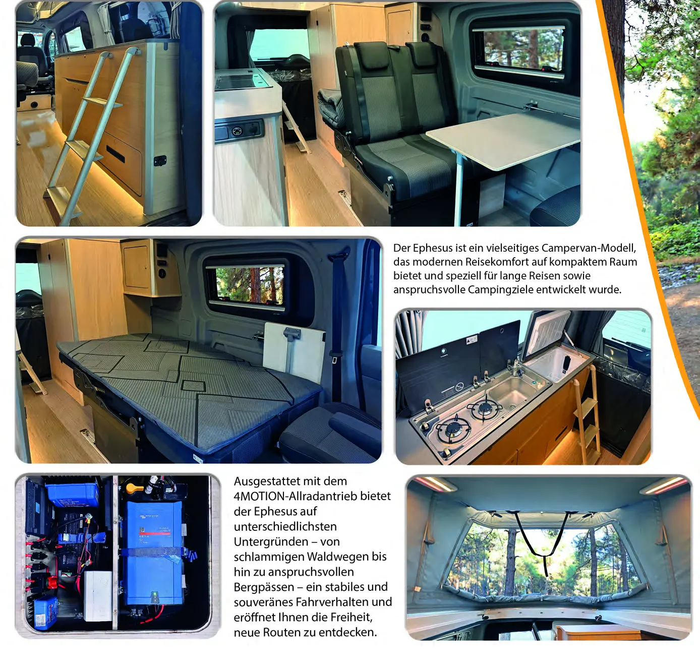 Demonte Caravan Katalog 2026, Seite 12: Details des EPHESUS: Bett, Küchenarbeitsplatte, Elektroverteilung und Stauschränke