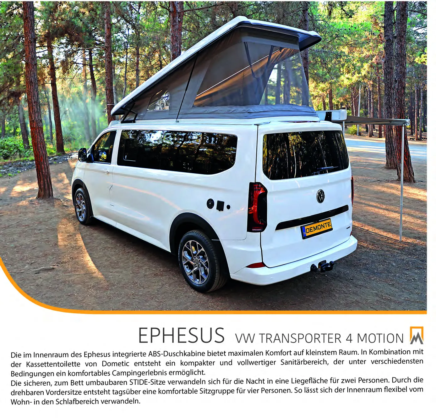 Demonte Caravan Katalog 2026, Seite 13: der EPHESUS in der Heckdreiviertelansicht: ein weißer VW Transporter mit langem Radstand