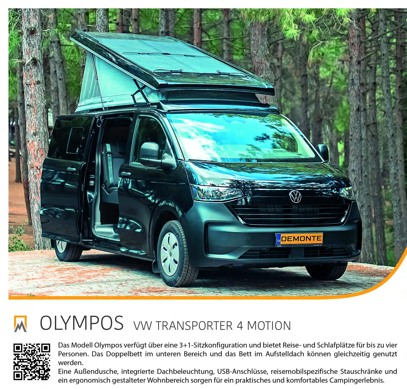 Demonte Caravan Katalog 2026, Seite 14: das Modell OLYMPOS auf einem dunkelgrünen VW Transporter 4Motion im Wald
