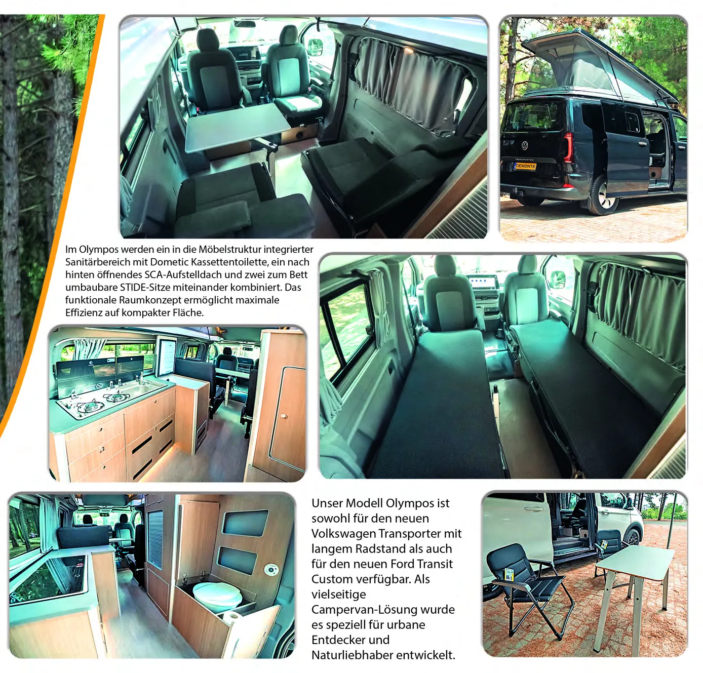 Demonte Caravan Katalog 2026, Seite 15: der Innenraum des OLYMPOS: 3+1-Sitzanordnung, Dometic-Kassettentoilette, Küche und Campingtisch