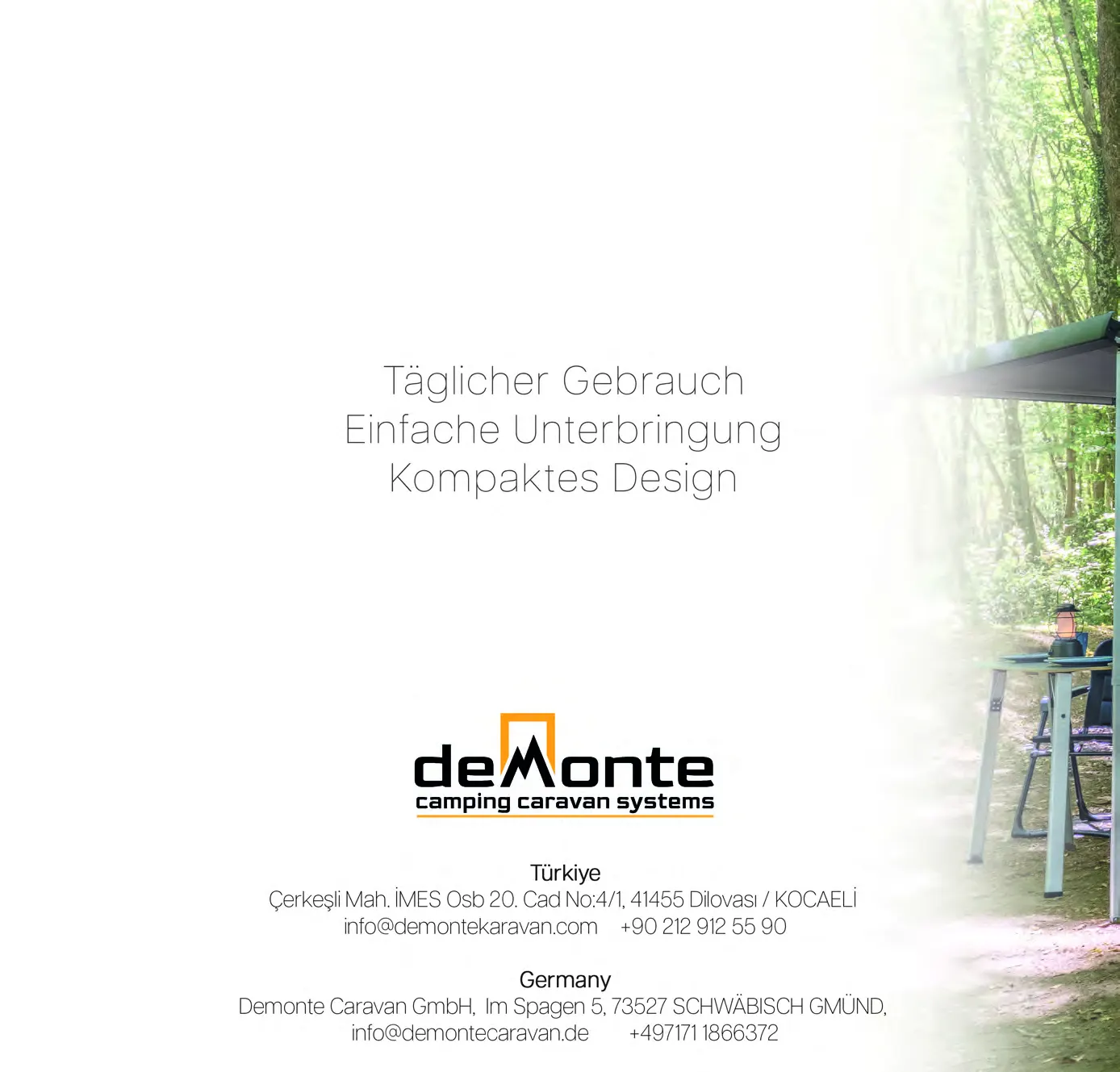 Demonte Caravan Katalog 2026, Seite 20: Rückseite mit den Kontaktdaten für die Türkei (Dilovasi, Kocaeli) und Deutschland (Schwäbisch Gmünd)