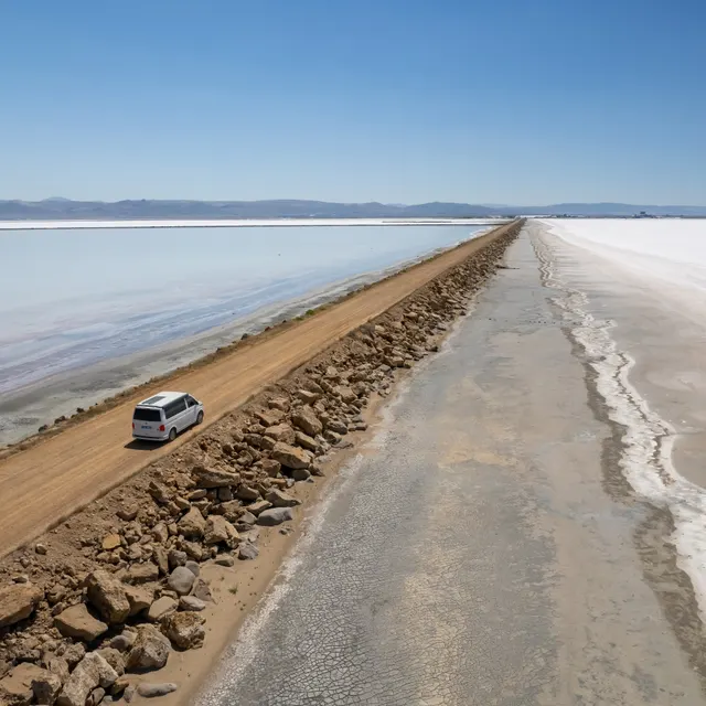 Ein Schotterweg zwischen der weißen Salzkruste und dem rosafarbenen Wasser des Tuz-Sees